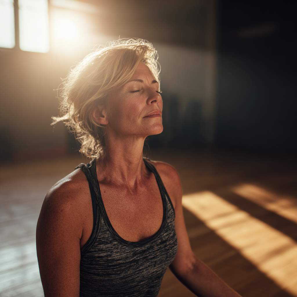 Experienced woman in her fifties practicing mindful yoga in serene studio environment